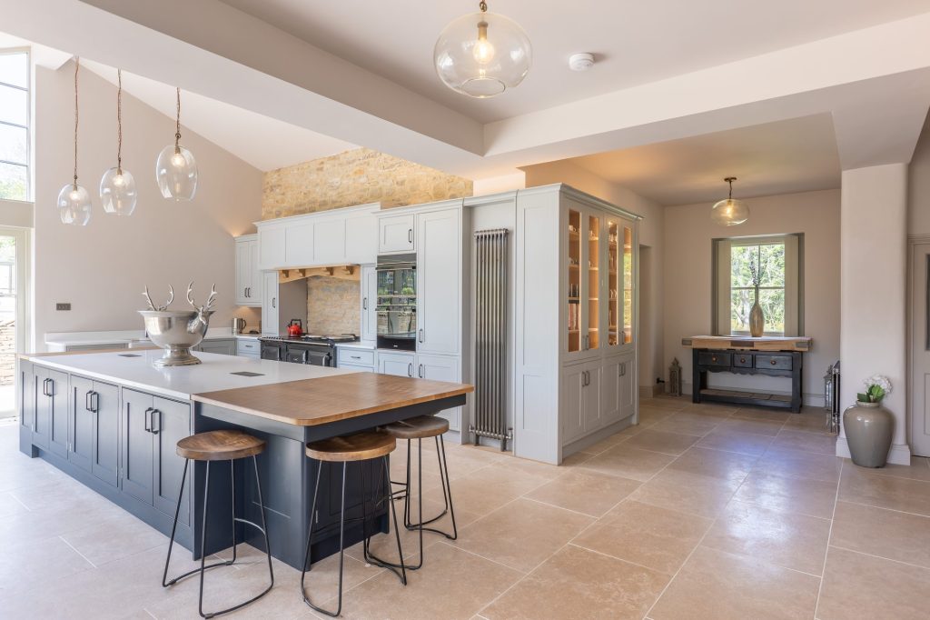Kitchen island and pendant lights at The Old Rectory
