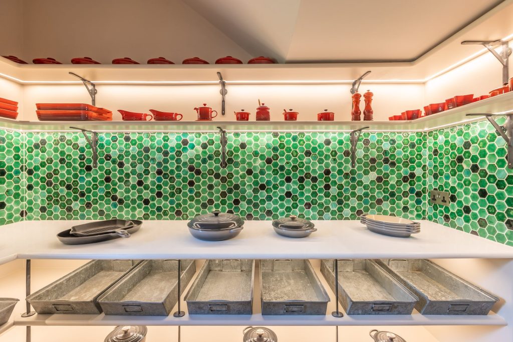 Green tiled wall in the pantry at The Old Rectory