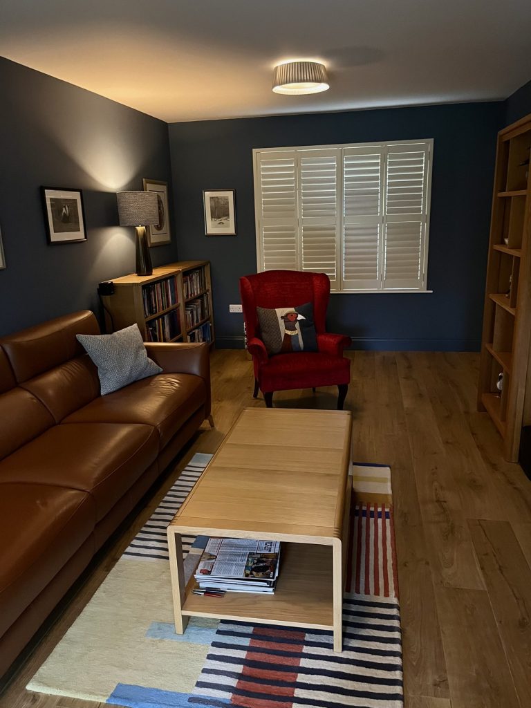 Sitting room with a leather sofa and red armchair, designed by Pip Interior Designs